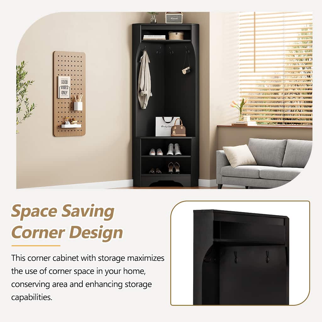 Corner Hall Tree with Coat Hooks & Shoe Bench, Entryway Storage Cabinet Coat Rack with Adjustable Shelf
