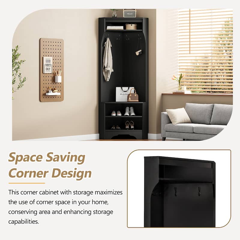 Corner Hall Tree with Shoe Bench - Multifunctional Entryway Coat Rack Featuring 4 Hooks and Adjustable Shelf,29.5''W x 71.6''H"