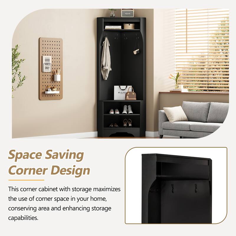 Space-Saving Corner Coat Rack with Shoes Storage Rack, Adjustable Shelf, and 4 Hooks for Hallway Entryway or Porch Organizer
