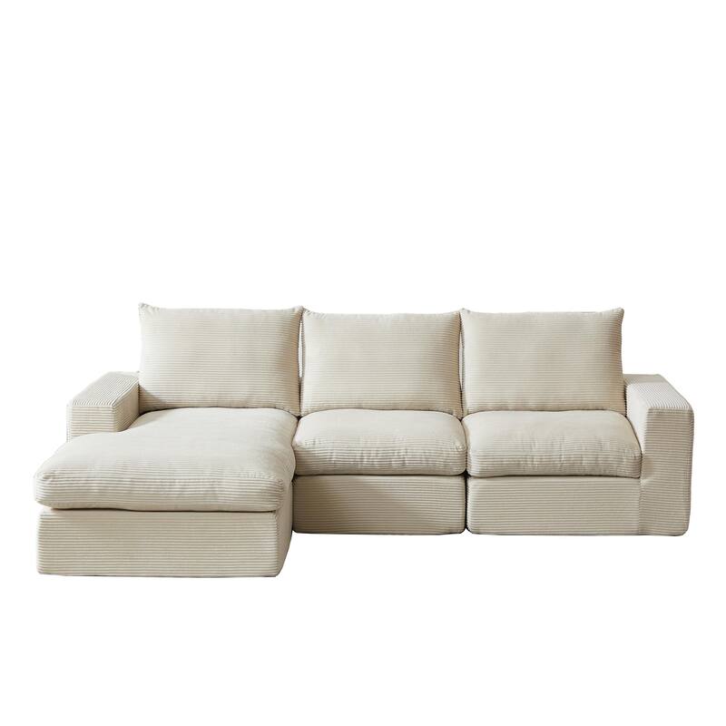 L-Shaped Sectional Sofa with Chaise Lounge, Corduroy Upholstered Boneless Couch, Module Corner Sofa with 3 Pillows