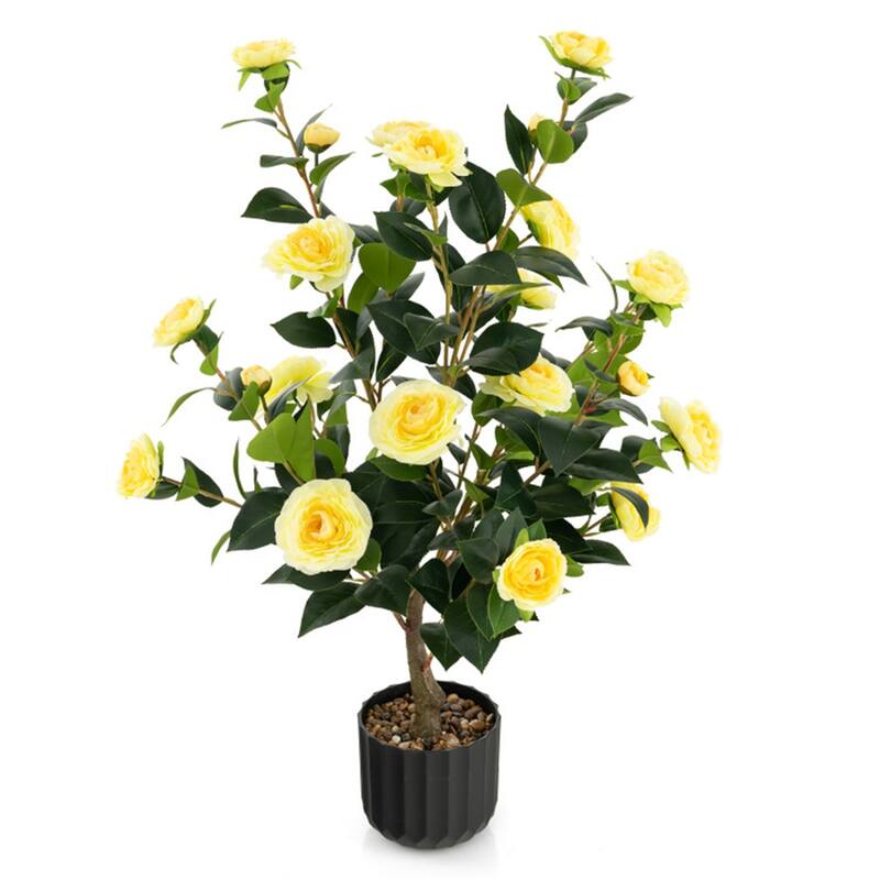 Set of 2 Artificial Camellia Trees 36 Inch Lifelike Indoor Decorative Plants with Cement Pots - 5" x 36"