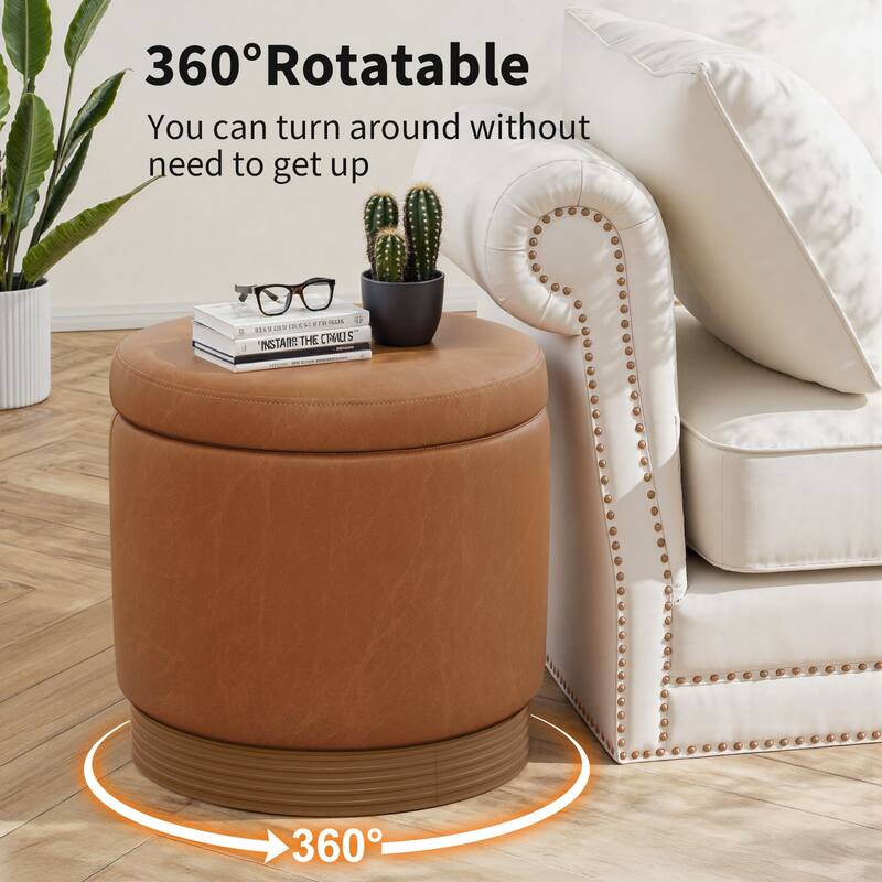 Round Swivel Storage Ottoman Footstool with Flip-top and Acacia Frame