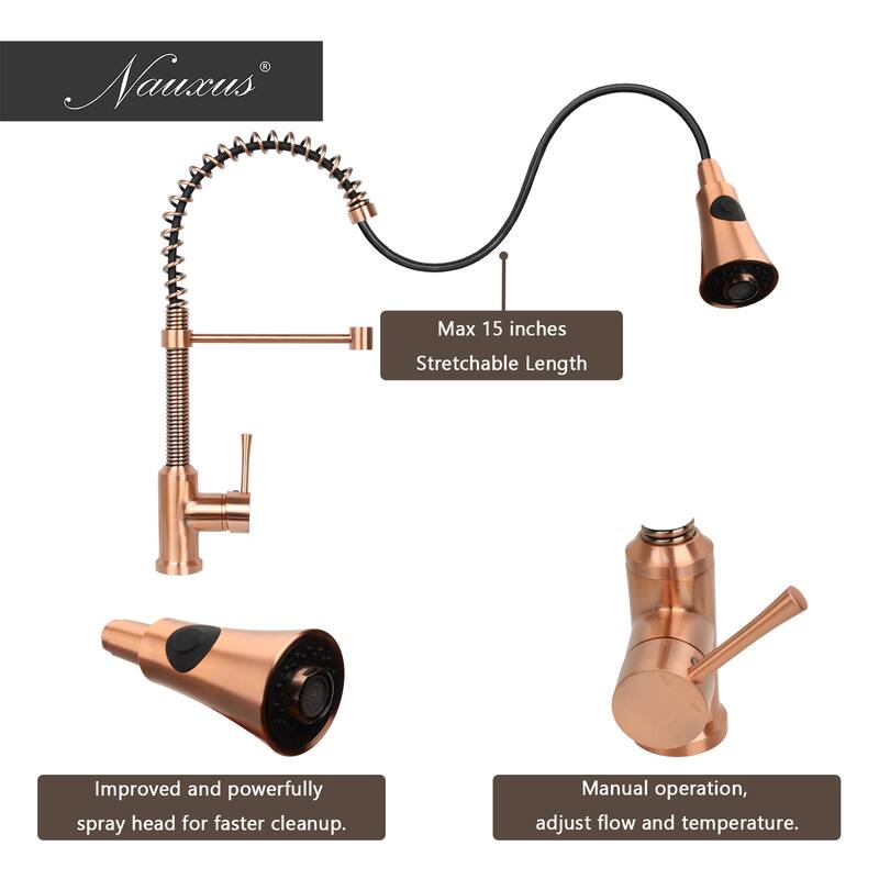 Copper Pre-Rinse Spring Kitchen Faucet, Single Level Solid Brass Kitchen Sink Faucets with Pull Down Sprayer - 8.9x20.2"