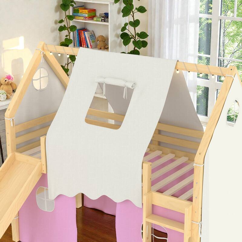 House Loft Bed with Slide & Tent, Solid Wood Kids Bed w/ Ladder, Guardrails, Playhouse Design, No Box Spring Needed