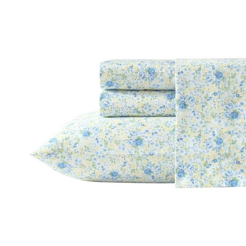 Laura Ashley Soft & Silky Sateen Printed Cotton Sheet Set - King - Rowena Blue