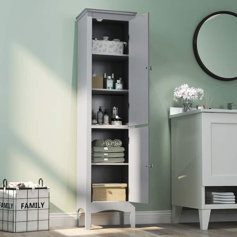 Costway Tall Bathroom Floor Cabinet Narrow Linen Tower with 2 Doors & - See Details