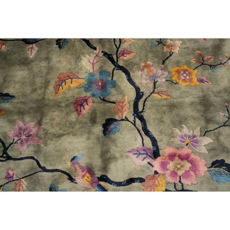 Hand Knotted Oriental 100% Wool Carpet Traditional Floral Green Art Deco Area Rug - 17' 0'' X 11' 11''