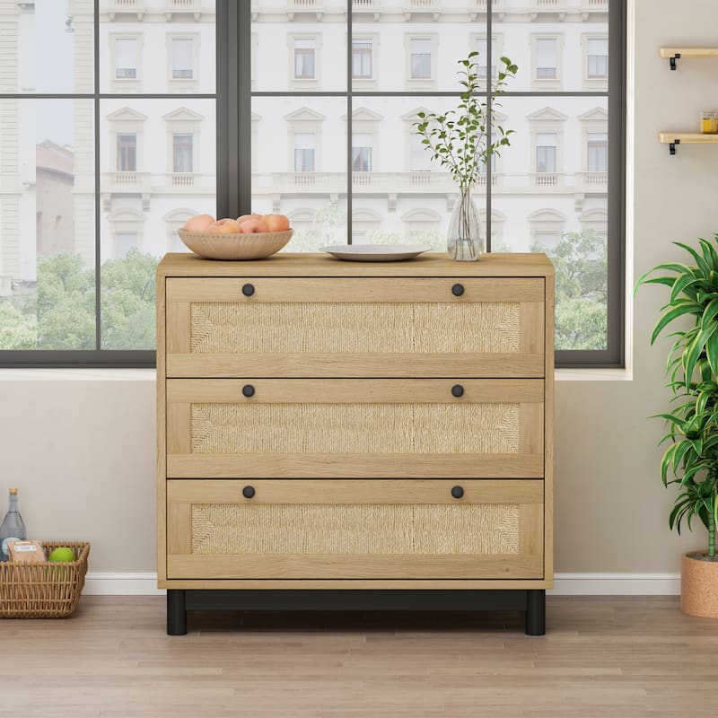 Accent Cabinet 3-Drawers Storage Cabinet Rope Woven Drawer - Oak