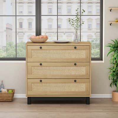Modern Rattan Dresser, 30.31" 3-Drawers Rattan Storage Cabinet, Dresser for Bedroom, Rope Woven Drawer, Chest of Rattan Drawers