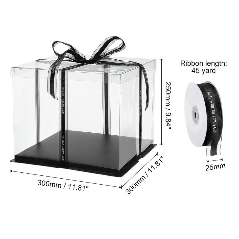 Clear Cake Box with Ribbon, 6Pcs 7"x7"x5" for 4 Inch Cake Packing - Black - 12"x12"x10"