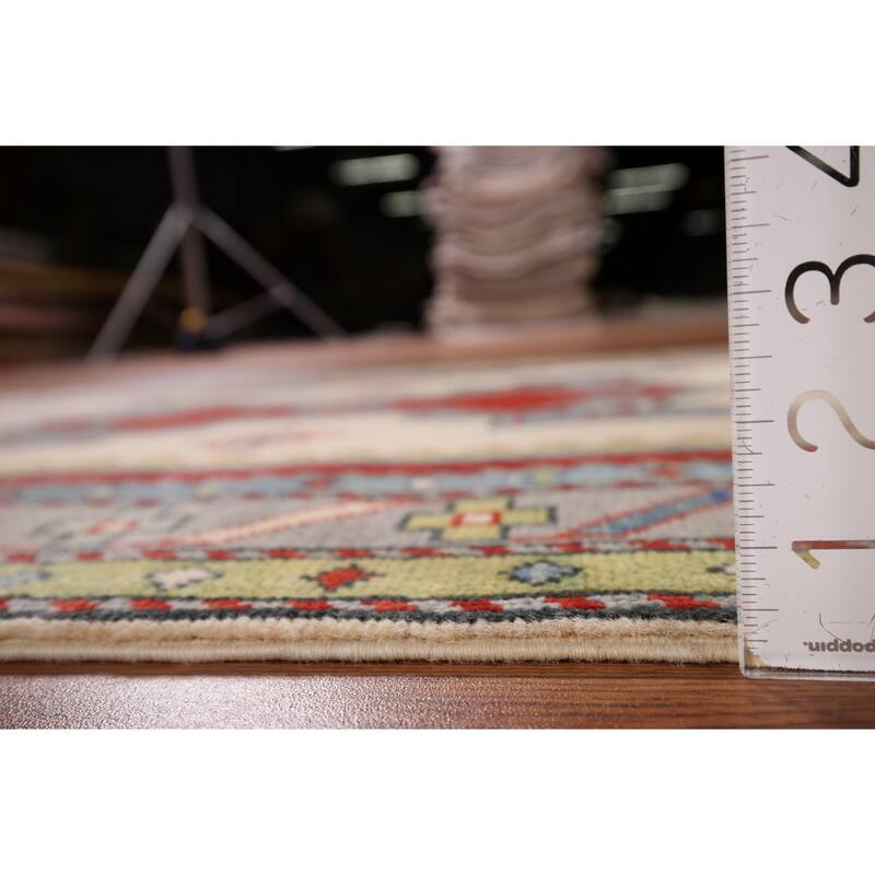 Ivory Geometric Kazak Oriental Foyer Rug Handmade Wool Carpet - 3'3" x 4'11"