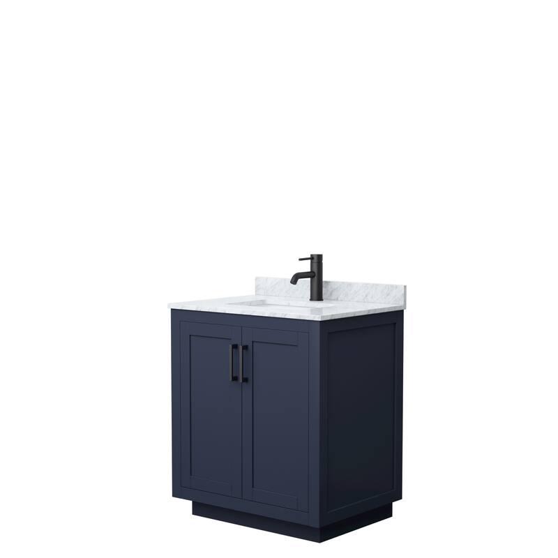 Miranda Single Vanity Set, White Carrara Marble Top, No Mirror - 30-Inch Single - Dark Blue, Black Trim, White Carrara Marble Top