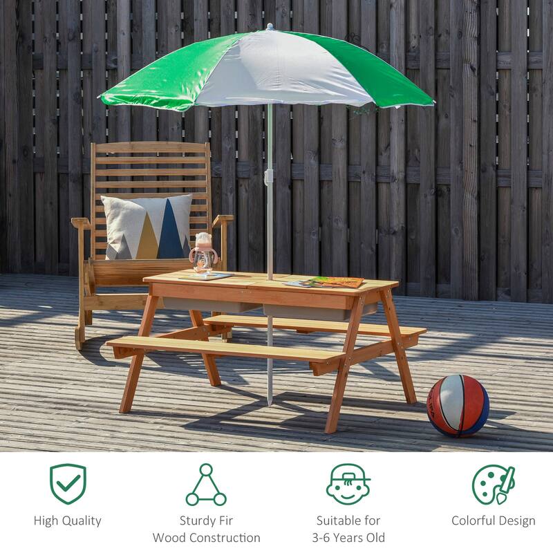 Kids Picnic Table with Umbrella and Storage Inside, Sand and Water Table, Kids Outdoor Furniture, Wooden Bench Backyard