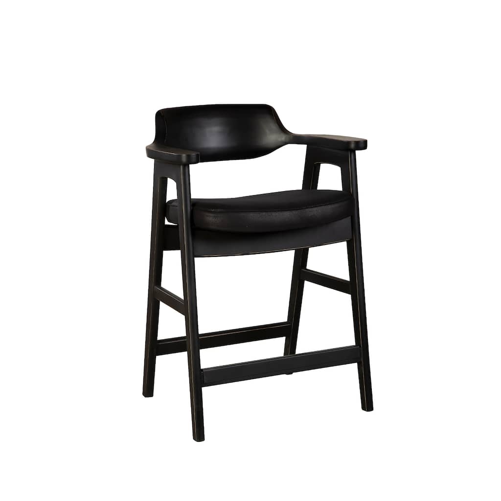 Zsy Counter Stool Chair, Open Back, Black Birch Wood and Faux Leather