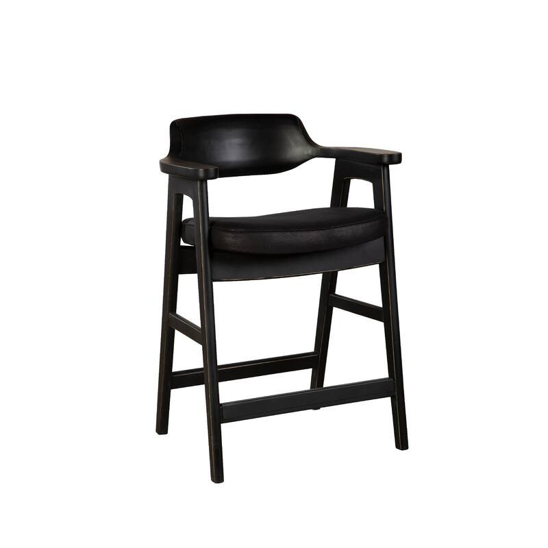Zsy Counter Stool Chair, Open Back, Black Birch Wood and Faux Leather