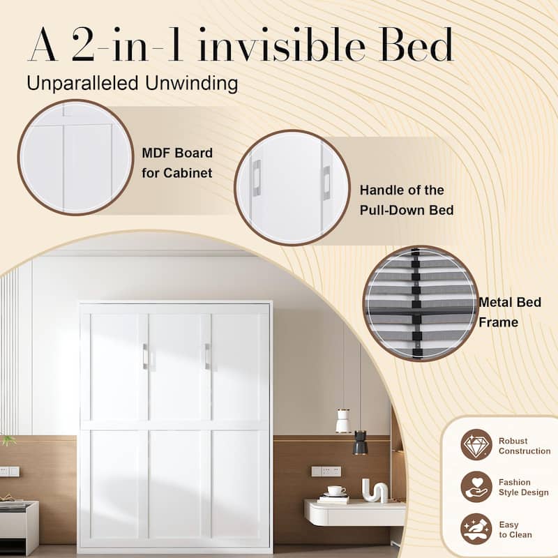 Queen Murphy Bed with 65 Inch Foldable Wall Design, Metal Frame and Solid Wood Slats for Bedrooms and Guest Rooms