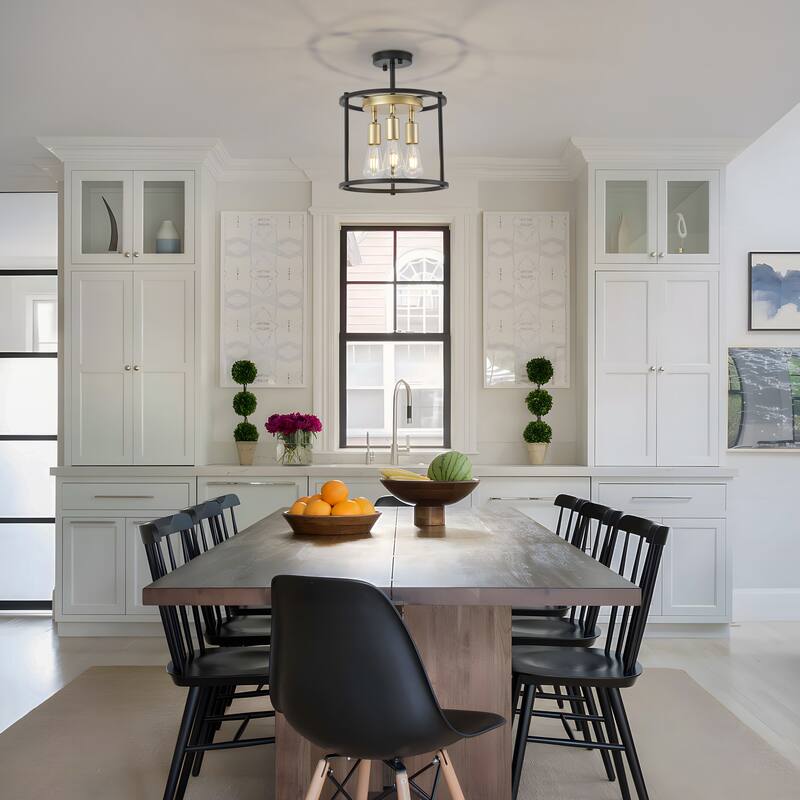 Starsky 3-Light 12inch Farmhouse Round Semi Flush Mount - Black&Gold