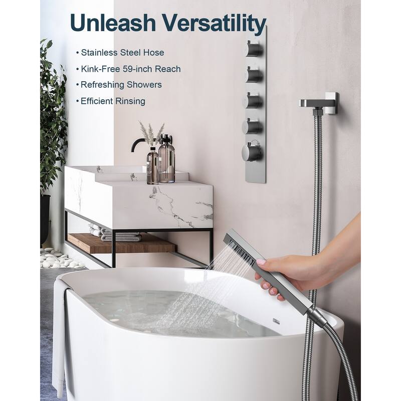 GRANDJOY Thermostatic Shower System 20" Ceiling Mount Shower Head Handheld Spray and Body Jets Combo LED Music