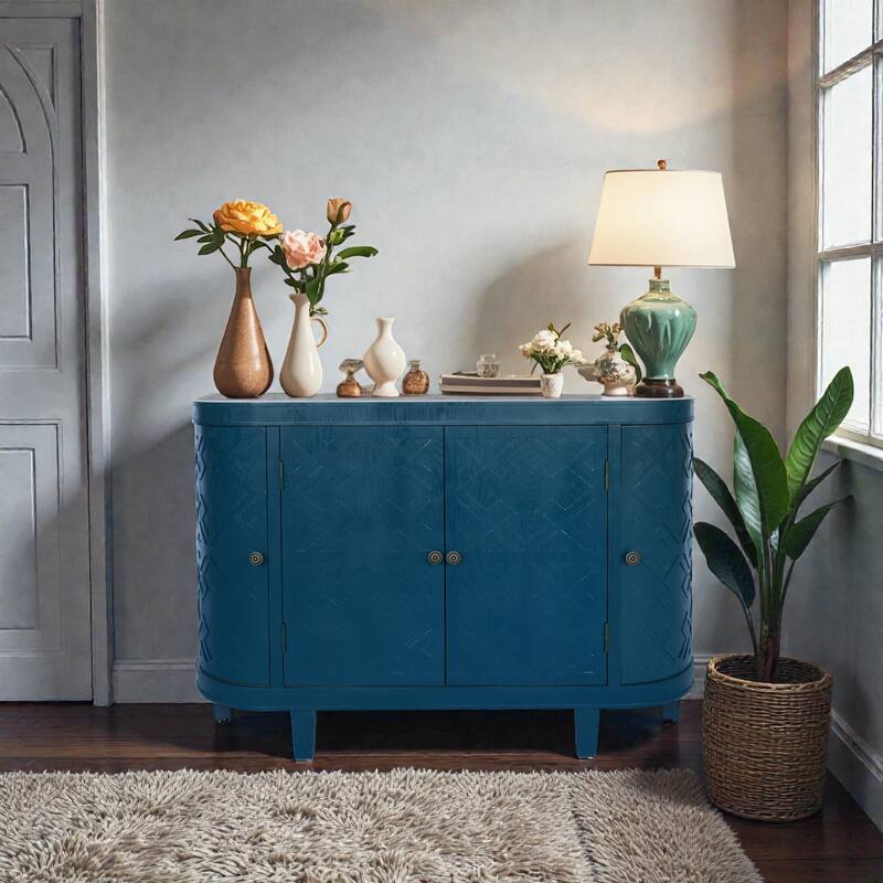 47'' Oval Fluted Accent Storage Cabinet with 4 Doors, Sliding Door Sideboard Buffet Credenza for Living Room and Kitchen