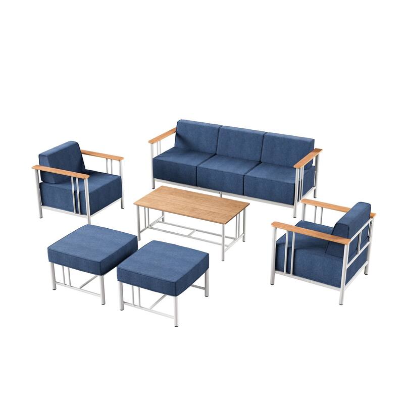Outdoor Patio Funiture Set with Extra-Thick Seat cushion - White & BLue Cushion - 6PCS Sofa Patio Chair Ottoman with Table