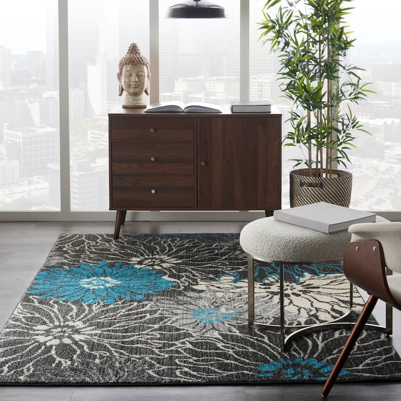 Nourison Passion Abstract Modern Floral Area Rug - 3'9" x 5'9" - Grey/Blue