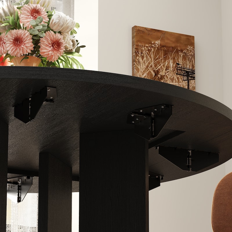 Folding Wood Grain Dining Table with Expandable Round Top Modern Sculptural Base