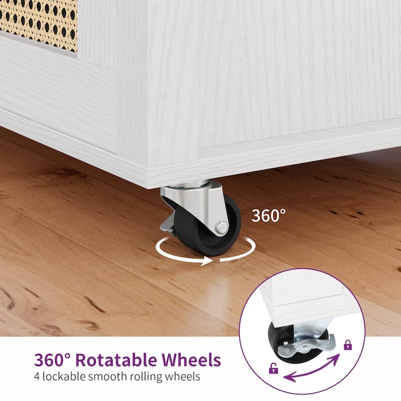 Moasis Rattan Rolling Kitchen Island with Storage Cabinet - 32.2"L x19.5"W x 35"H