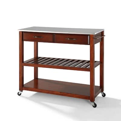 Stainless Steel Top Kitchen Prep Cart with Deep Storage Drawers, Removable Slatted Shelf, and Rolling Casters
