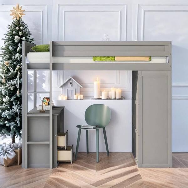 slide 2 of 36, Elegant Wood Twin Size Loft Bed with Wardrobes and 2-Drawer Desk with Cabinet, Sturdy Construction & Safety Guaranteed, Gray Grey