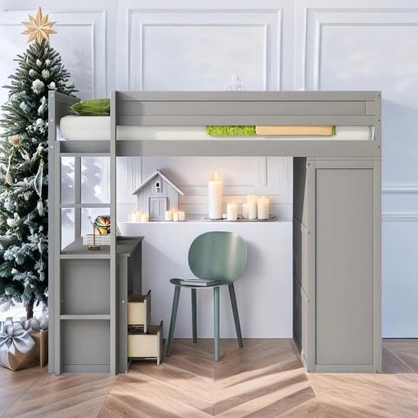 slide 2 of 36, Wood Twin Loft Bed with Wardrobes and 2-Drawer Desk with Cabinet, Gray Grey