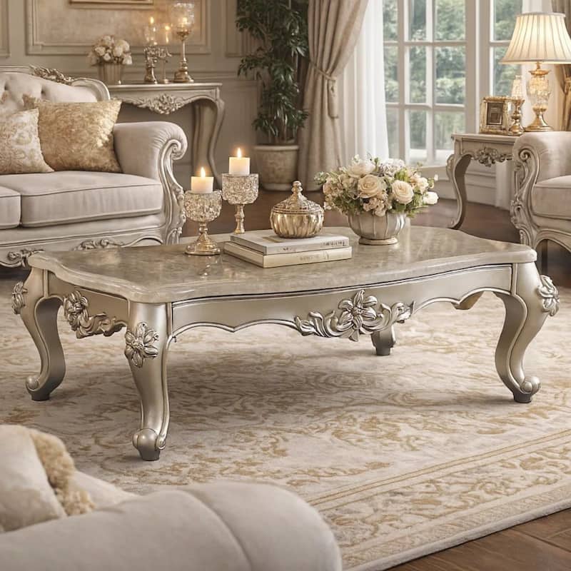 Traditional Style Rectangular Wood and Marble Coffee Table, Silver