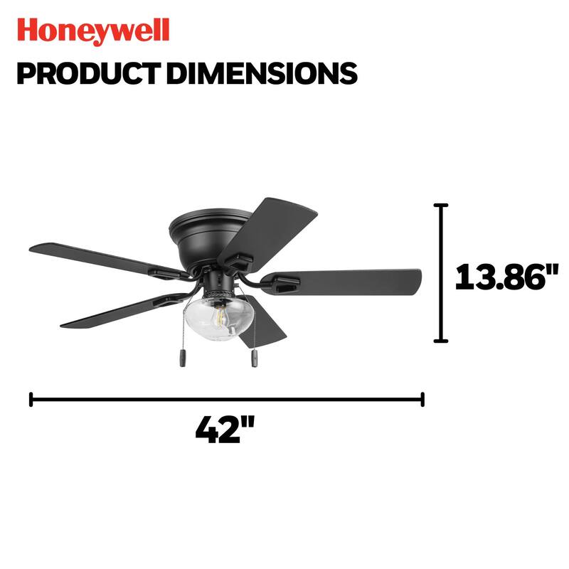 Honeywell 42" Halle Indoor Matte Black Ceiling Fan with Light & Pull Chain - 42 Inches