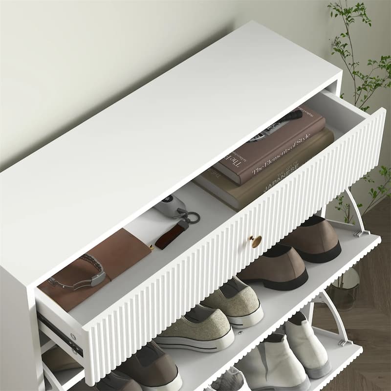 Modern Shoe Cabinet with Flip Storage Drawers and Gold Handles Adjustable Shelves for 12 Pairs - 31.5" W x 9.4" D x 40" H