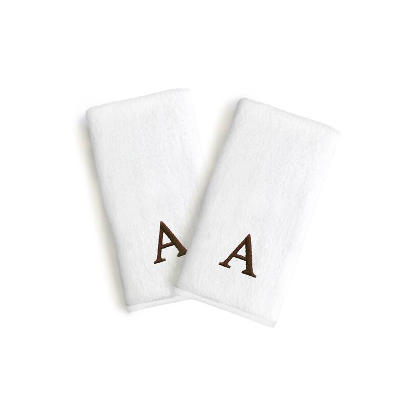 Authentic Hotel and Spa 2-piece White Turkish Cotton Hand Towels with Brown Block Monogrammed Initial - White/A