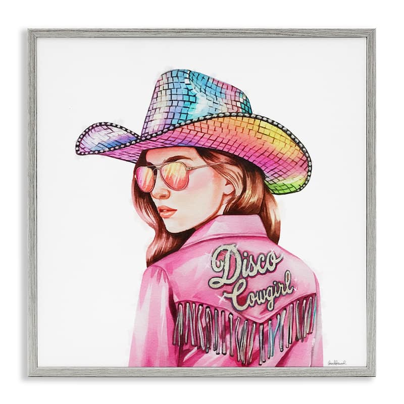 Stupell Pink Disco Cowgirl Framed Giclee Art Design By Amanda Greenwood - 12 x 12 - Grey