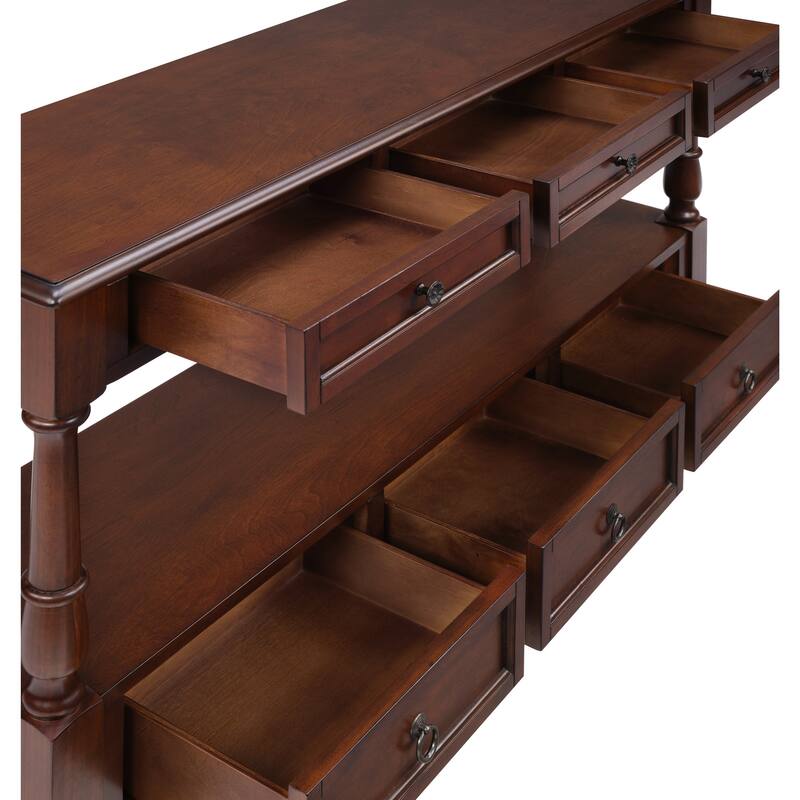 Vintage 54" Solid Wood Console Table with 6 Drawers and Shelf