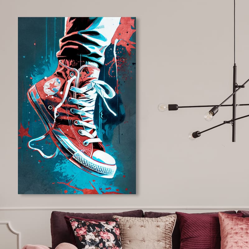 Wynwood Studio Fashion and Glam Blue and Red Street Sneakers Blue and Teal Modern & Contemporary Wall Art Canvas Print - 45 x 30