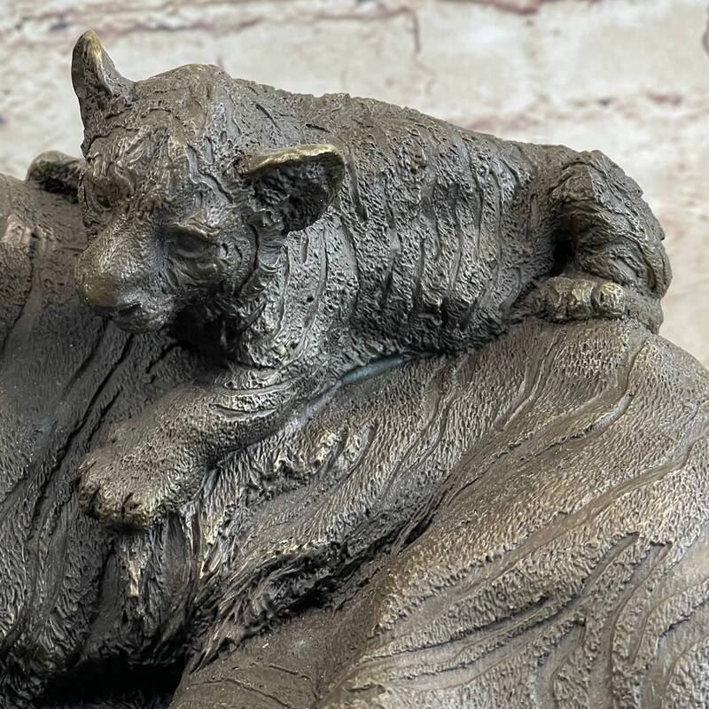 Tiger Family Mother Cub Bronze Statue Sculpture Figure Marble Base Original Art 8 Inches X 16 Inches