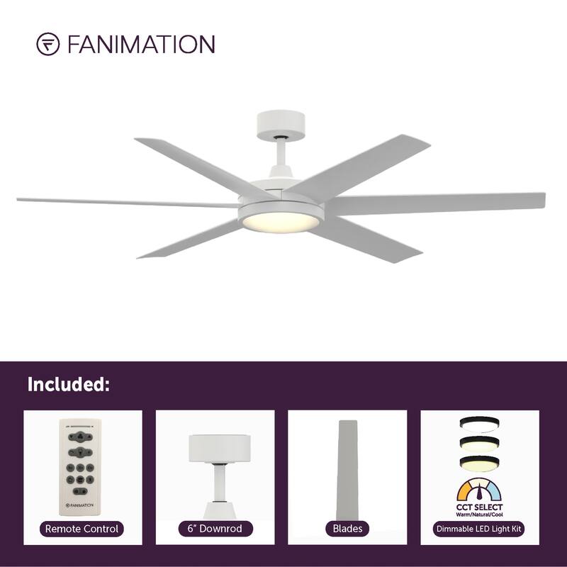 Fanimation Brawn 64 inch Indoor/Outdoor Ceiling Fan with LED CCT Select Light Kit and Remote - Matte White