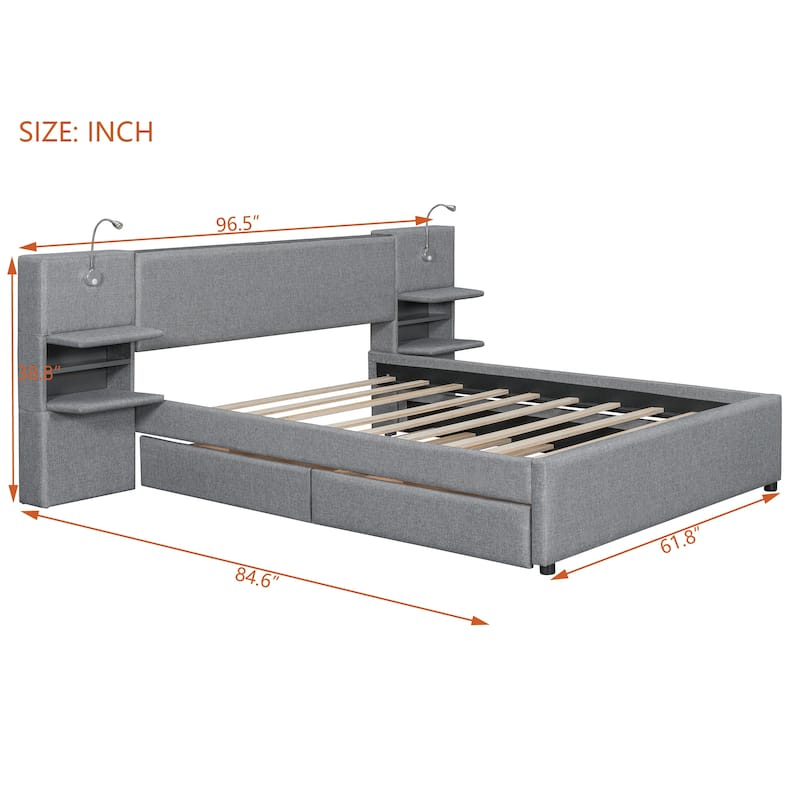 Queen Size Upholstered Platform Bed with Reading Lights, Drawers, Trundle and Shelves, Gray