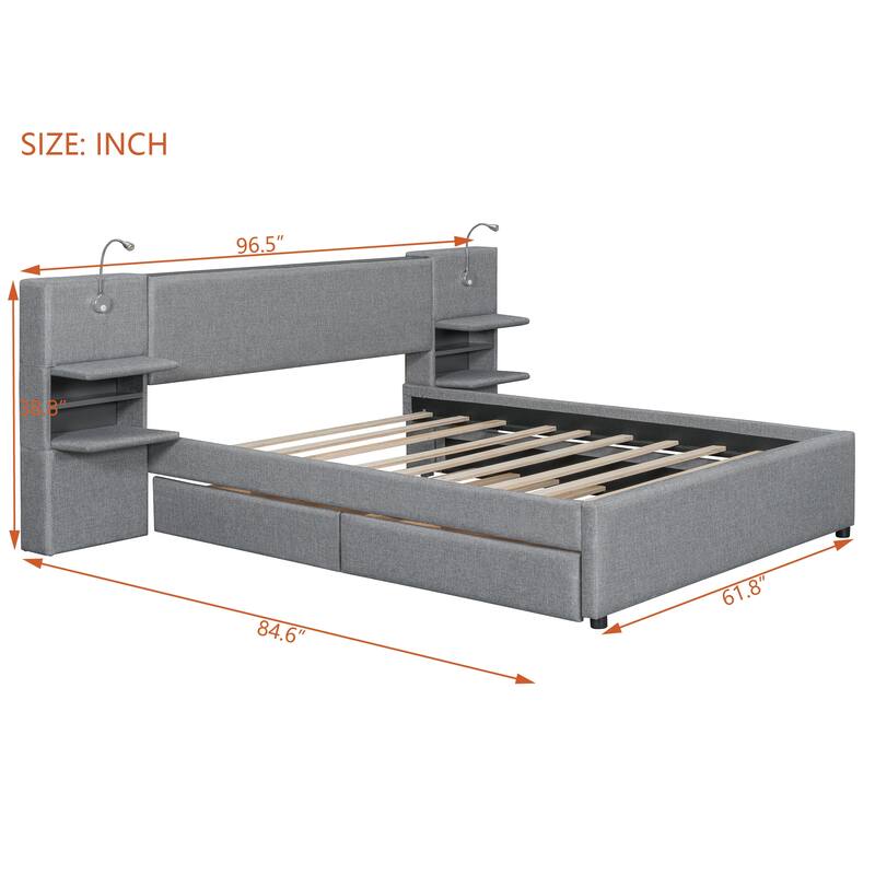 Linen Upholstered Platform Bed, Wingback Storage Headboard with 2 Reading Lights, Wood Panel Bed Frame w/Drawers & Trundle Bed
