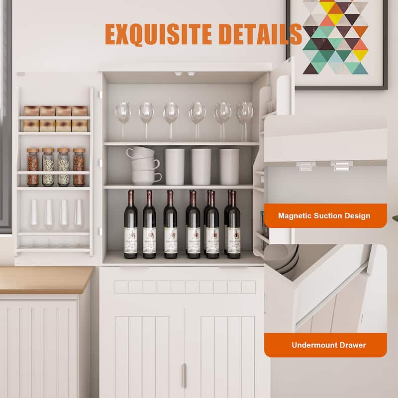 Tall White Kitchen Pantry Cabinet with Drawer, Adjustable Shelves and 6 Door Racks, Farmhouse Storage Organizer