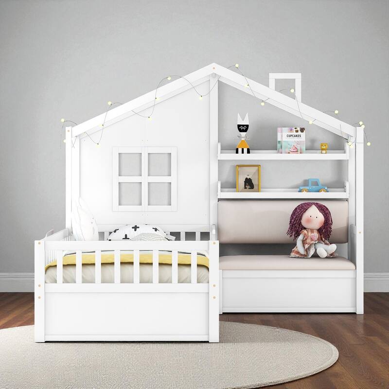 Twin House Bed with Sofa, Two Storage Drawers & Shelf, Kids Playhouse Platform Bed with Pine Wood Frame - White - Twin