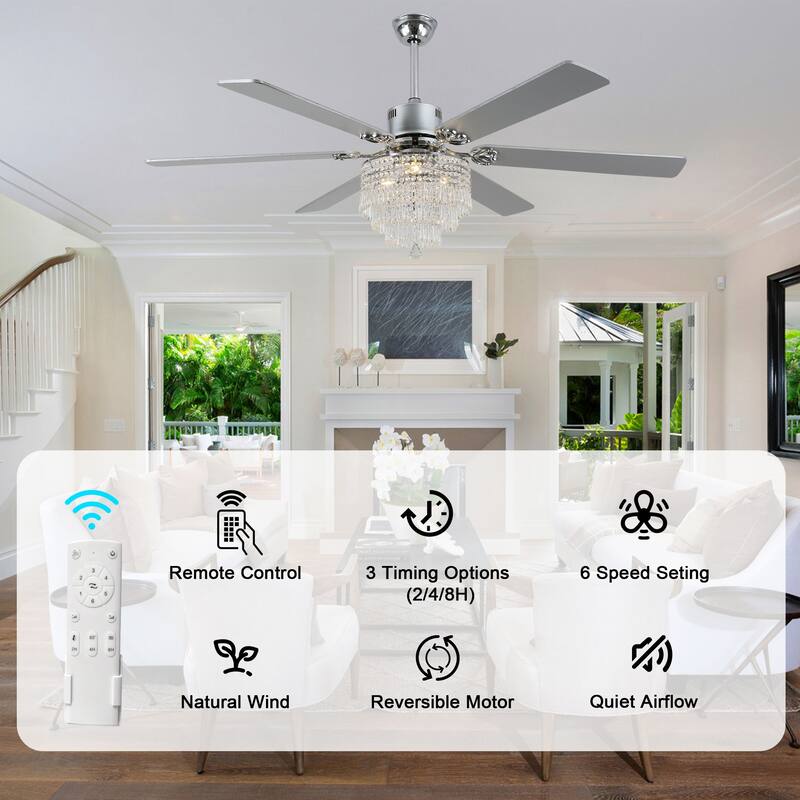 Bella Depot 65" Mondern Crystal Drum Ceiling Fan 6-Speed Reversible with Light and Remote