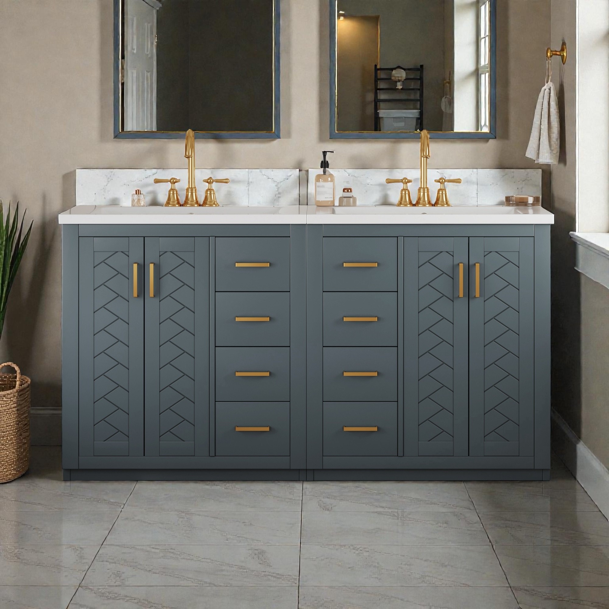 60 Inch Bathroom Vanity Set with Ceramic Sink, Solid Wood Frame Freestanding Cabinet with Soft Close Doors and Drawers