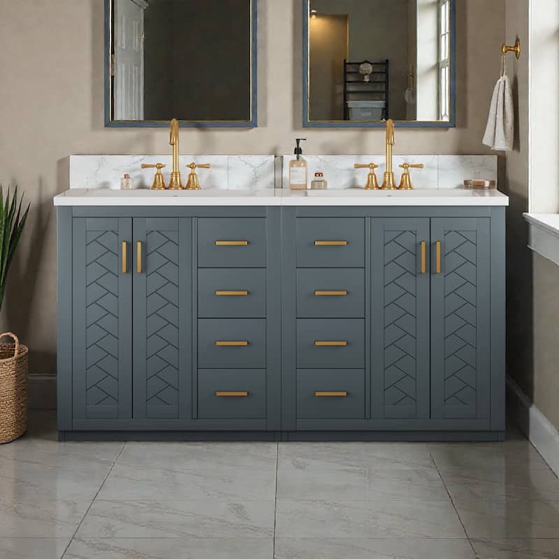 60 Inch Bathroom Vanity Set with Ceramic Sink, Solid Wood Frame Freestanding Cabinet with Soft Close Doors and Drawers - Blue