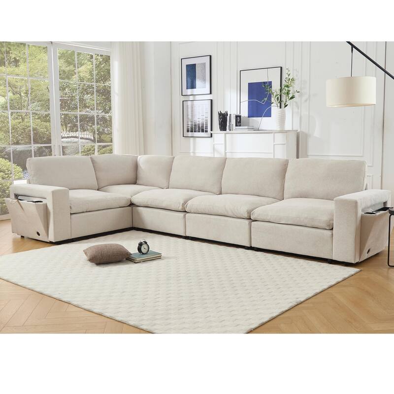 5-seat Modular Sectional Couch with Wireless Charging, Cup Holders & Book Storage, Beige Soft Linen Fabric