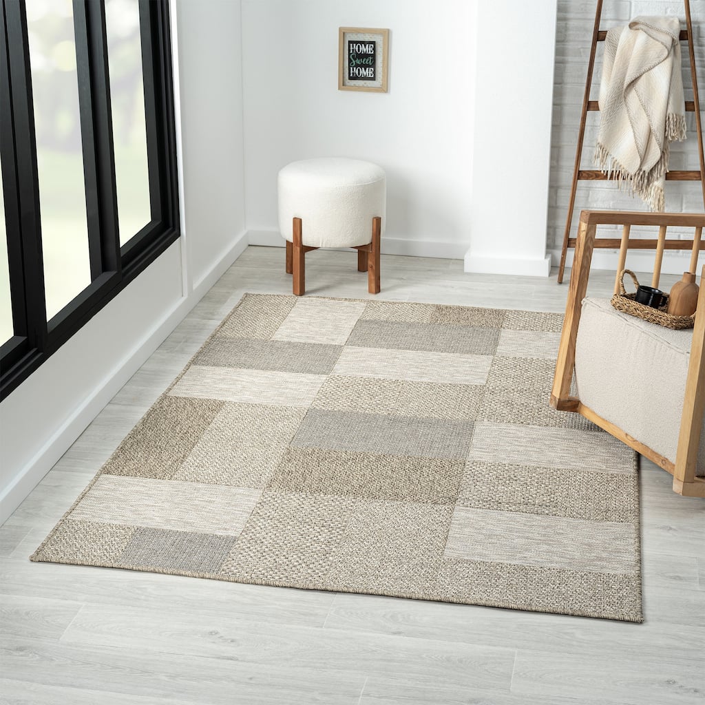 Sevita Tan/Brown Modern Color-Block Indoor Outdoor Area Rug