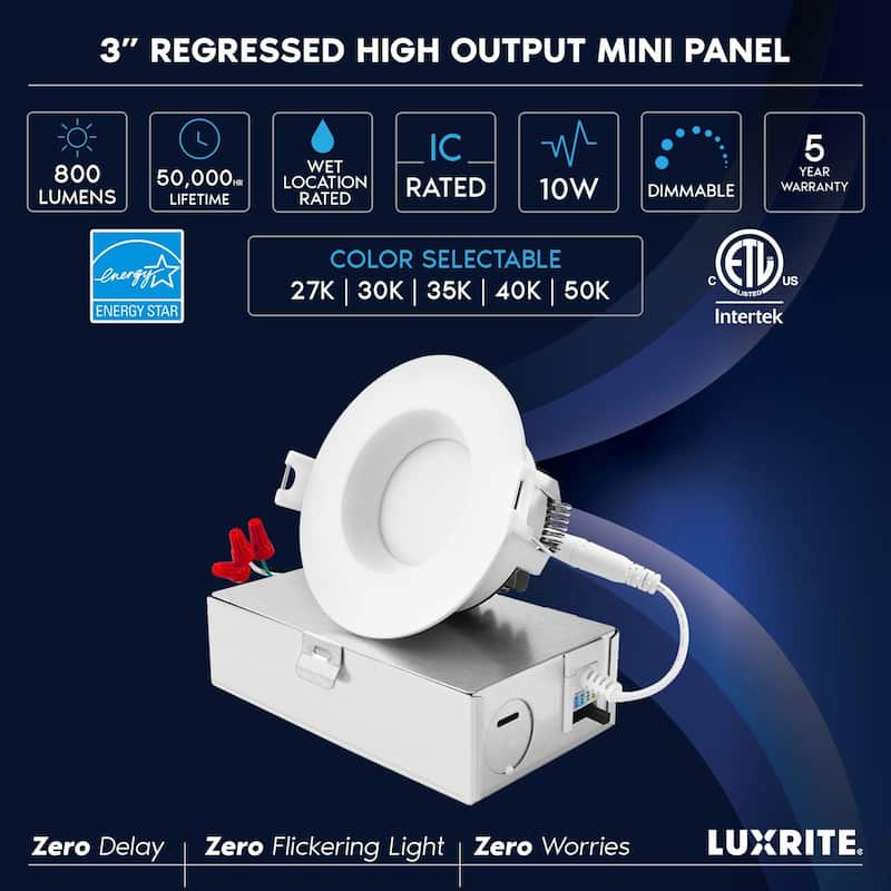 Luxrite 3" LED Recessed Ceiling Light J-Box 10W 5 Color Selectable 800LM Dimmable Wet Rated IC Rated ETL 6 Pack - 6 Pack