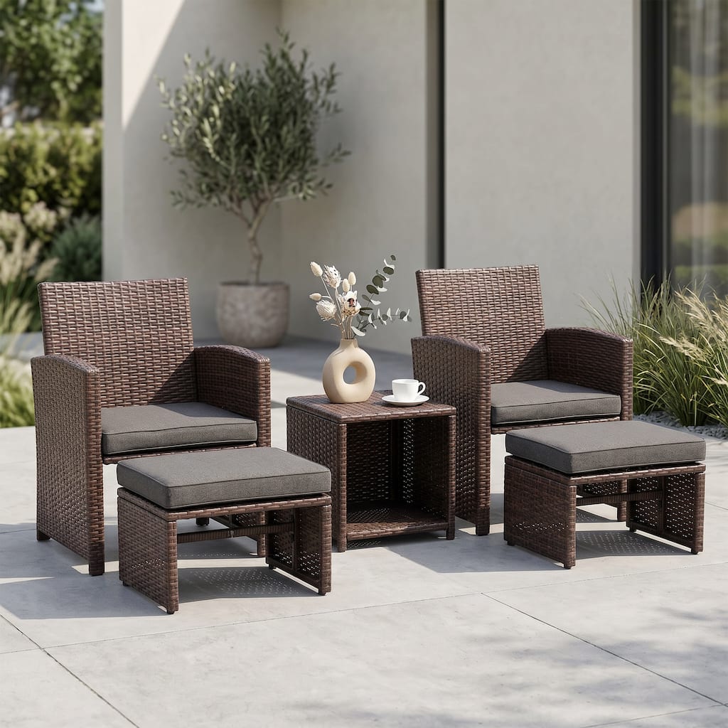 5-Piece Outdoor Wicker Patio Furniture Set, PE Rattan Conversation Set with 2 Armchairs, 2 Ottomans, 1 Side Table & Cushions